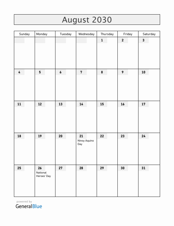 Philippines August 2030 Calendar with Holidays