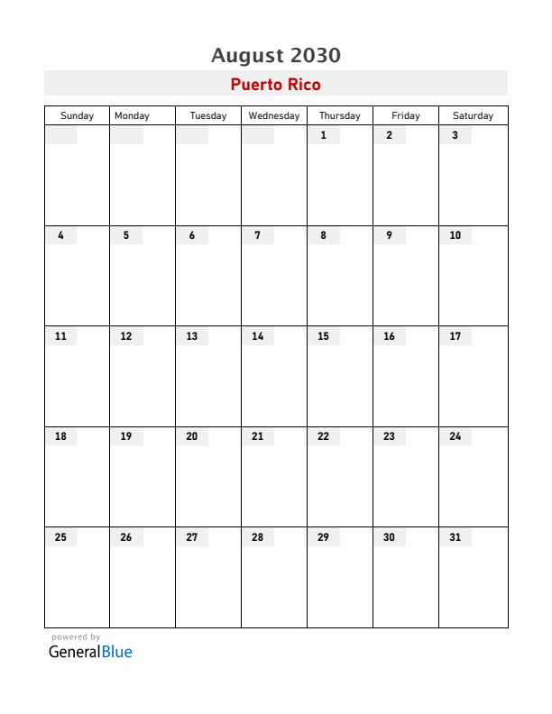 Puerto Rico August 2030 Calendar with Holidays
