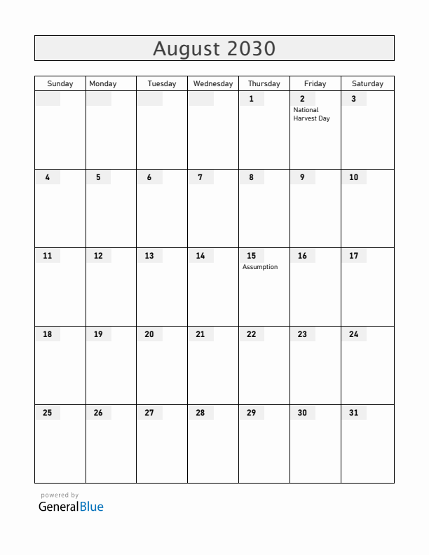 Rwanda August 2030 Calendar with Holidays