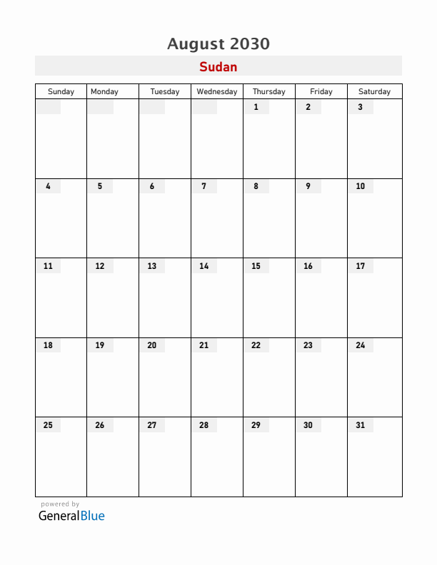 Sudan August 2030 Calendar with Holidays