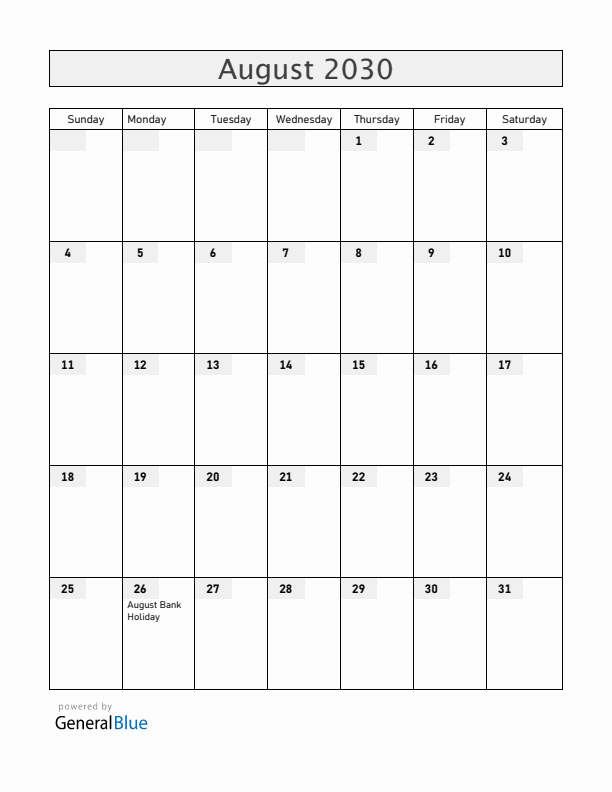 Saint Helena August 2030 Calendar with Holidays