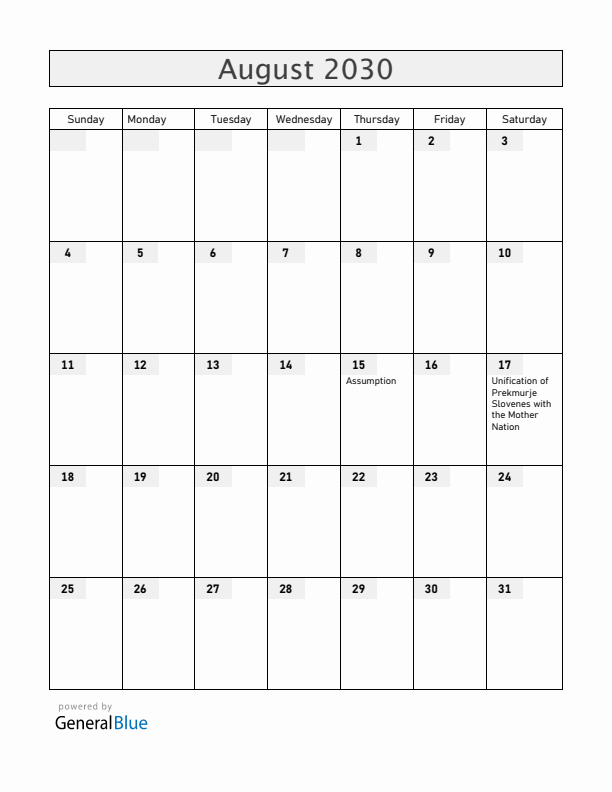 Slovenia August 2030 Calendar with Holidays