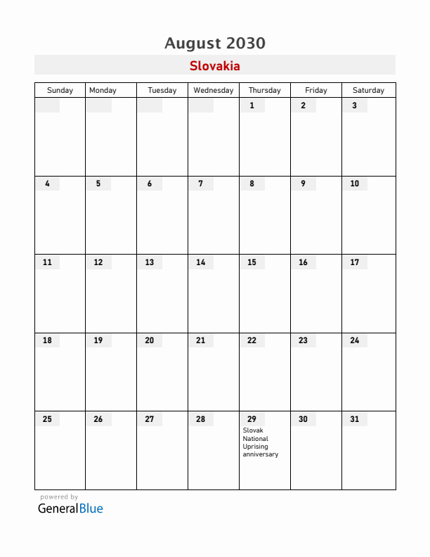 Slovakia August 2030 Calendar with Holidays