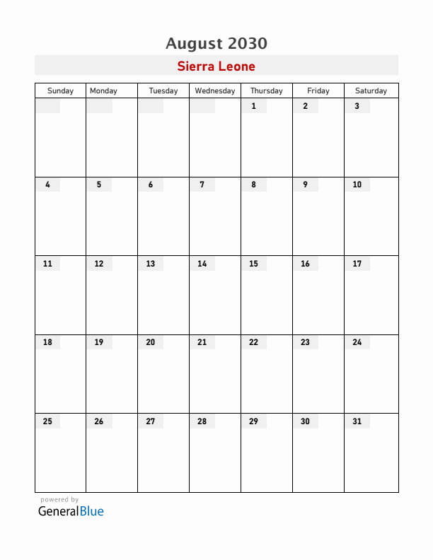 Sierra Leone August 2030 Calendar with Holidays