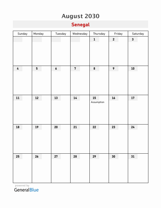 Senegal August 2030 Calendar with Holidays
