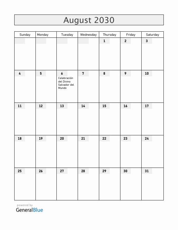 El Salvador August 2030 Calendar with Holidays