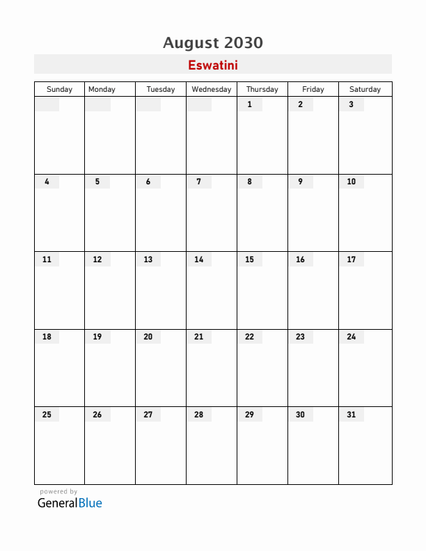 Eswatini August 2030 Calendar with Holidays
