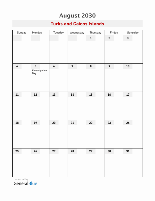 Turks and Caicos Islands August 2030 Calendar with Holidays