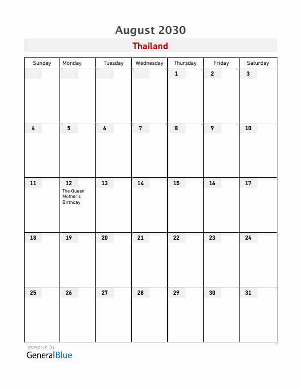 Thailand August 2030 Calendar with Holidays