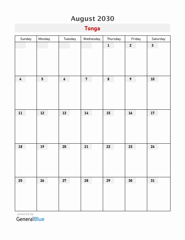Tonga August 2030 Calendar with Holidays