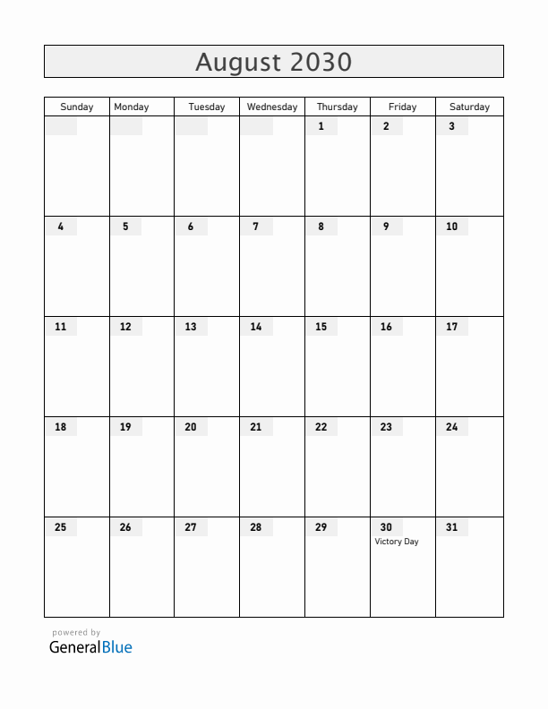 Turkey August 2030 Calendar with Holidays