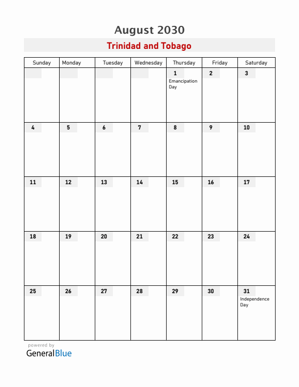 Trinidad and Tobago August 2030 Calendar with Holidays