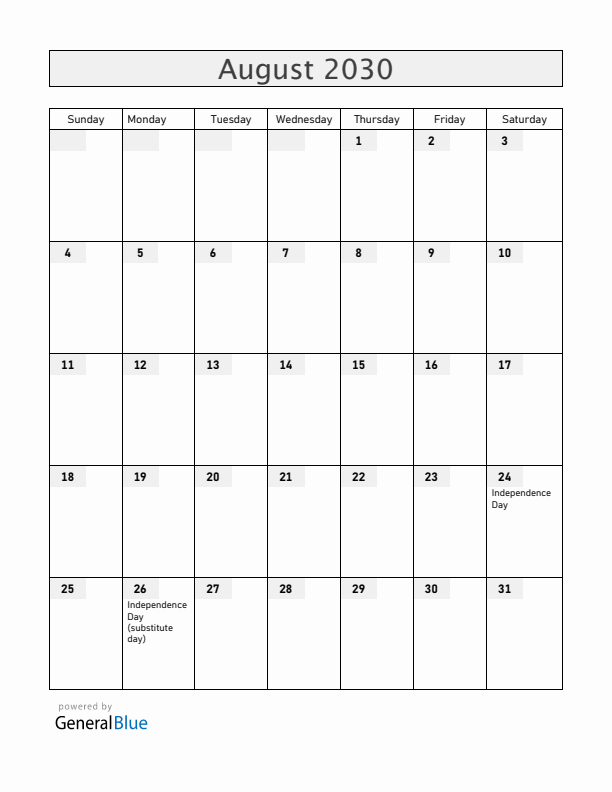 Ukraine August 2030 Calendar with Holidays