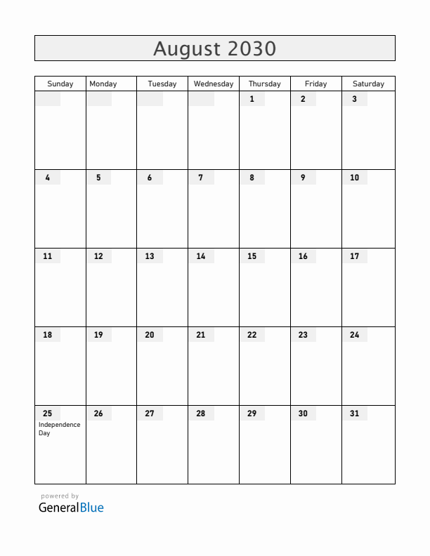Uruguay August 2030 Calendar with Holidays