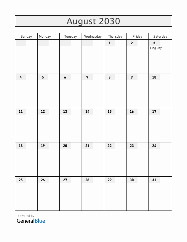 Venezuela August 2030 Calendar with Holidays