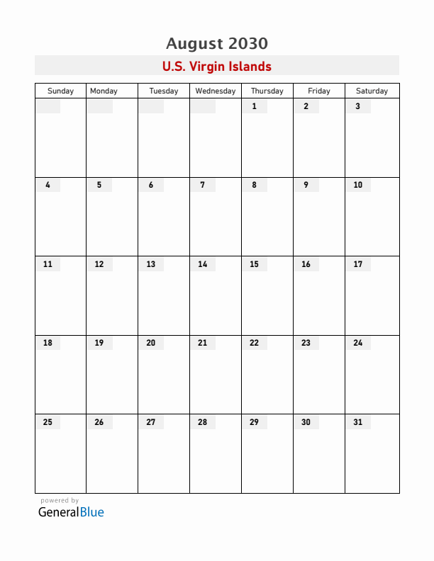 U.S. Virgin Islands August 2030 Calendar with Holidays