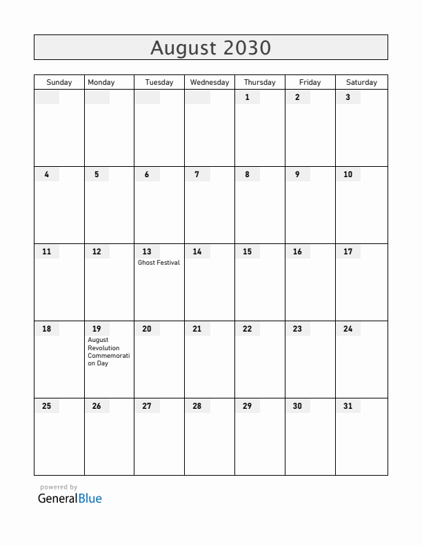 Vietnam August 2030 Calendar with Holidays