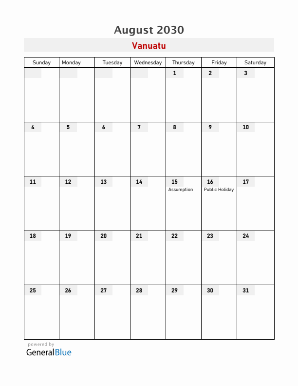 Vanuatu August 2030 Calendar with Holidays