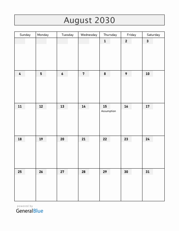 Mayotte August 2030 Calendar with Holidays
