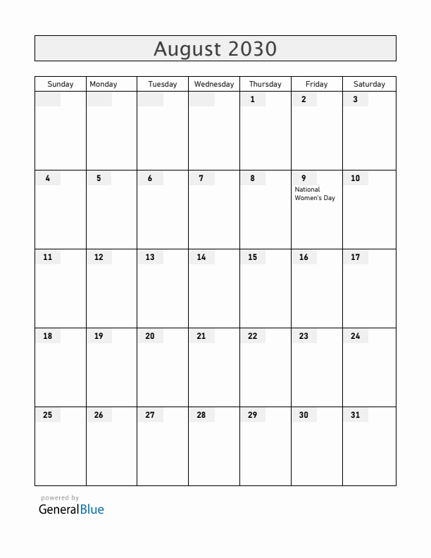 South Africa August 2030 Calendar with Holidays