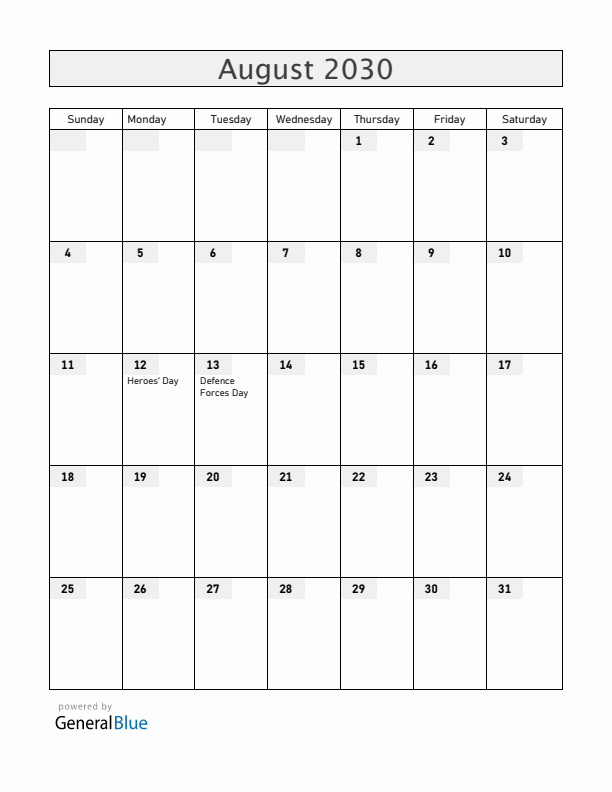 Zimbabwe August 2030 Calendar with Holidays