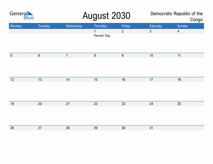 Fillable August 2030 Calendar