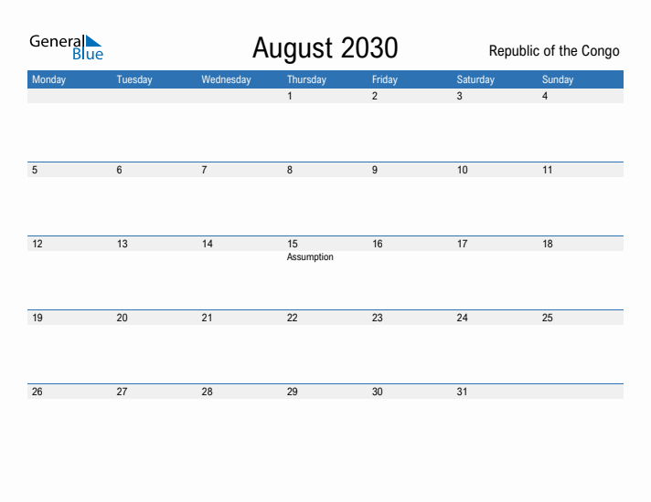 Fillable August 2030 Calendar