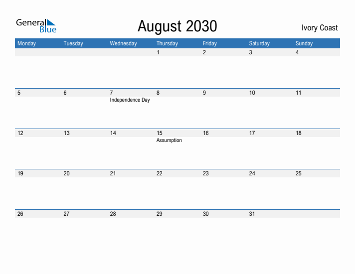 Fillable August 2030 Calendar