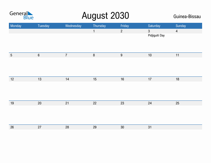 Fillable August 2030 Calendar