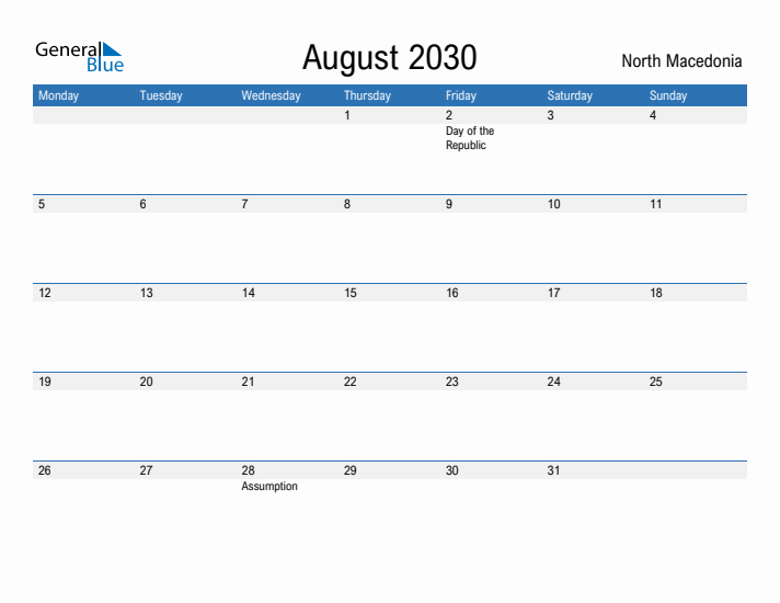 Fillable August 2030 Calendar