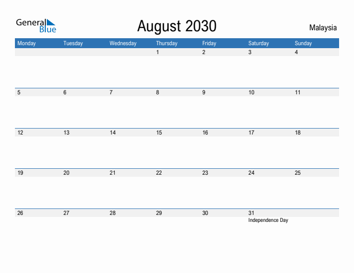 Fillable August 2030 Calendar