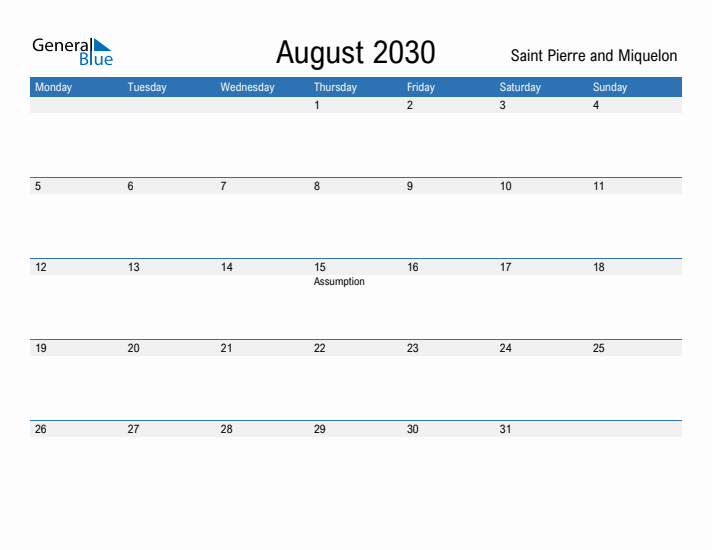 Fillable August 2030 Calendar