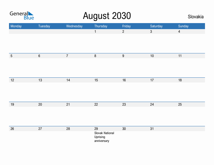Fillable August 2030 Calendar