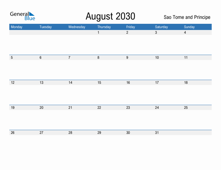 Fillable August 2030 Calendar