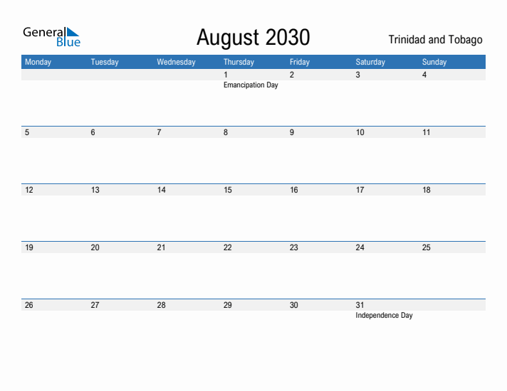 Fillable August 2030 Calendar