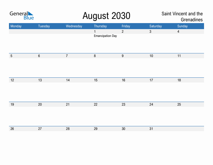 Fillable August 2030 Calendar