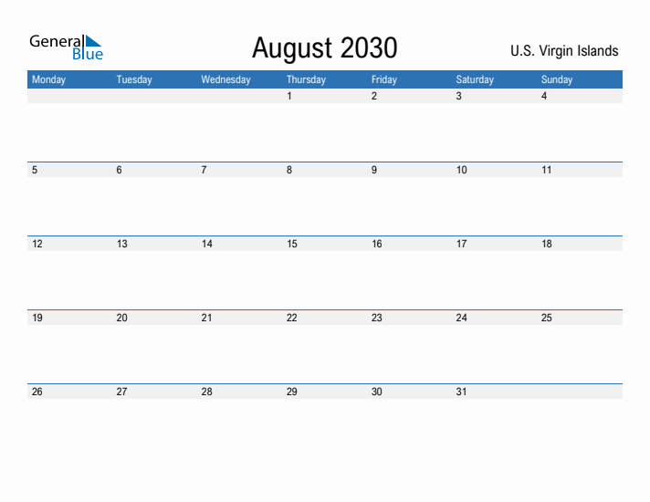 Fillable August 2030 Calendar