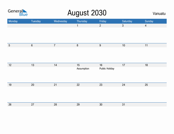 Fillable August 2030 Calendar