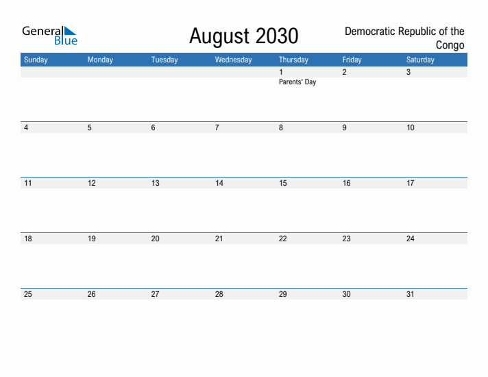 Fillable August 2030 Calendar