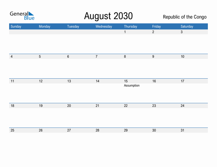 Fillable August 2030 Calendar