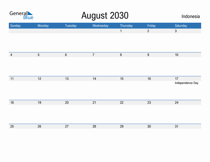 Fillable August 2030 Calendar