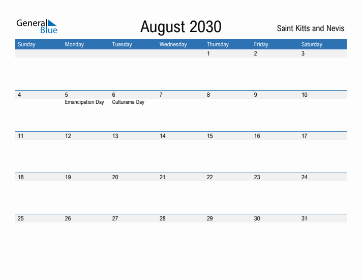Fillable August 2030 Calendar