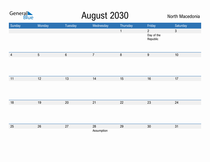Fillable August 2030 Calendar