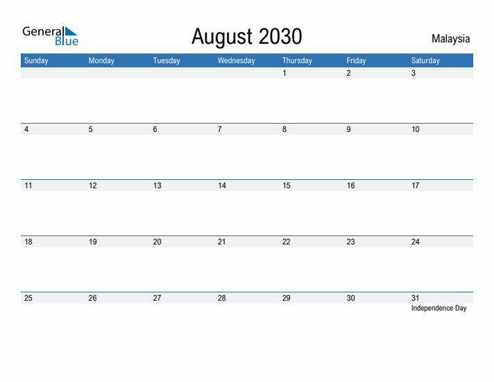 Fillable August 2030 Calendar