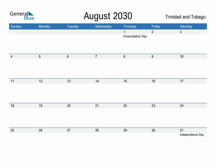 Fillable August 2030 Calendar