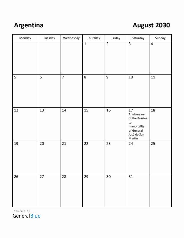 August 2030 Calendar with Argentina Holidays