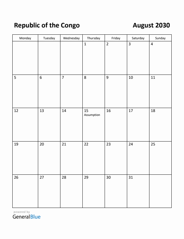 August 2030 Calendar with Republic of the Congo Holidays