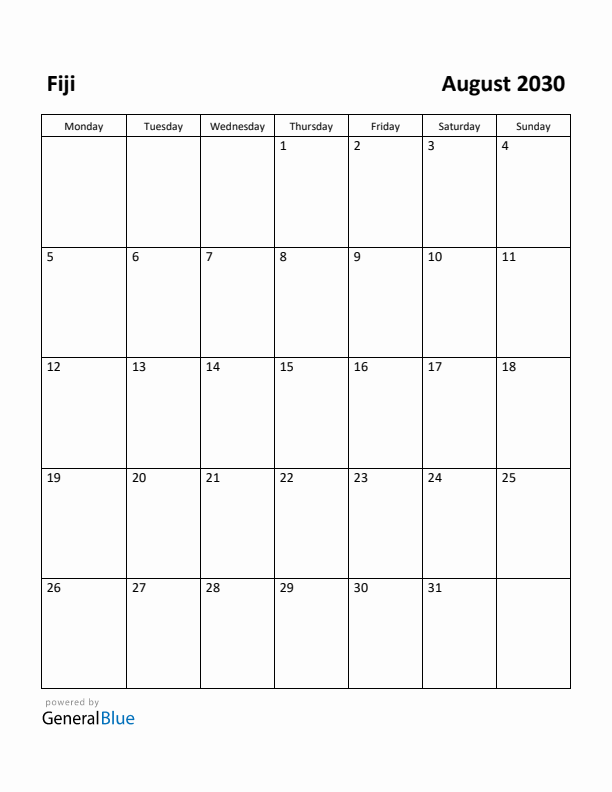 August 2030 Calendar with Fiji Holidays