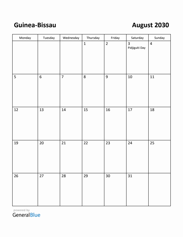 August 2030 Calendar with Guinea-Bissau Holidays