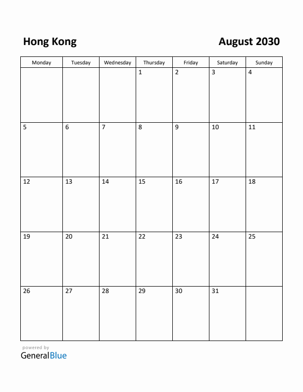 August 2030 Calendar with Hong Kong Holidays